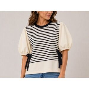 Entro Womens Striped Puff Sleeve Top Navy Cream Bow Detail Size S